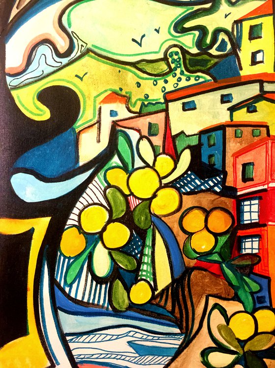 Riomaggiore from Lemon tree- original acrylic on canvas - 60 x 60 ccm / 24' x 24' inches