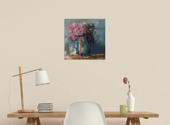 Modern still life oil painting. Flowers in vase. Gift for mother