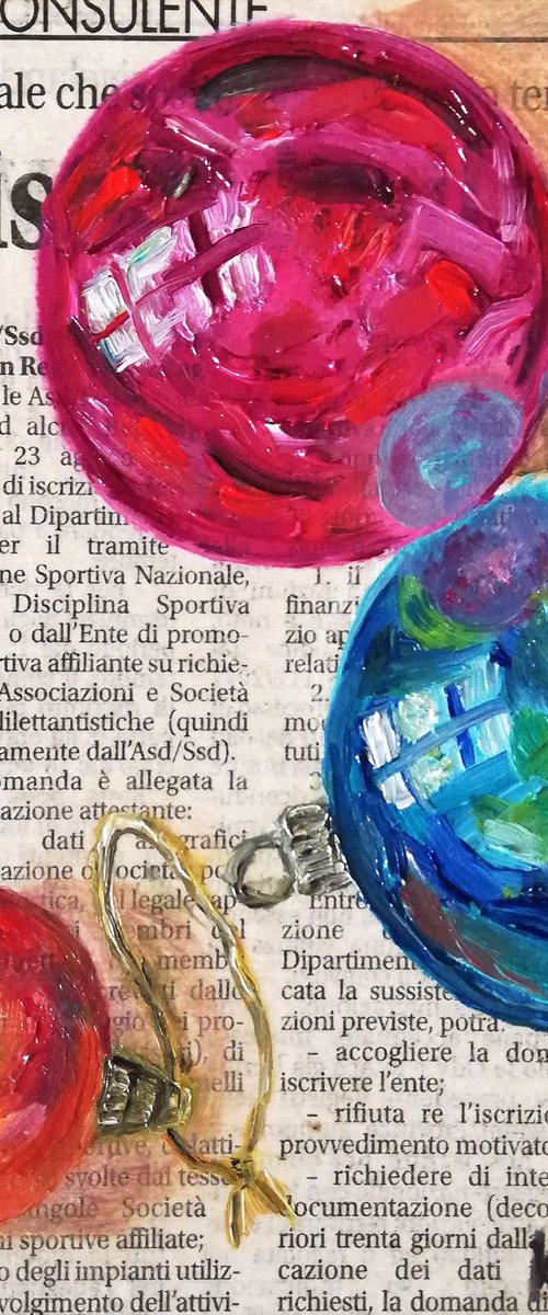 "Christmas Balls on Newspaper" Original Oil on Canvas Board Painting 6 by 6 inches (15x15 cm) by Katia Ricci