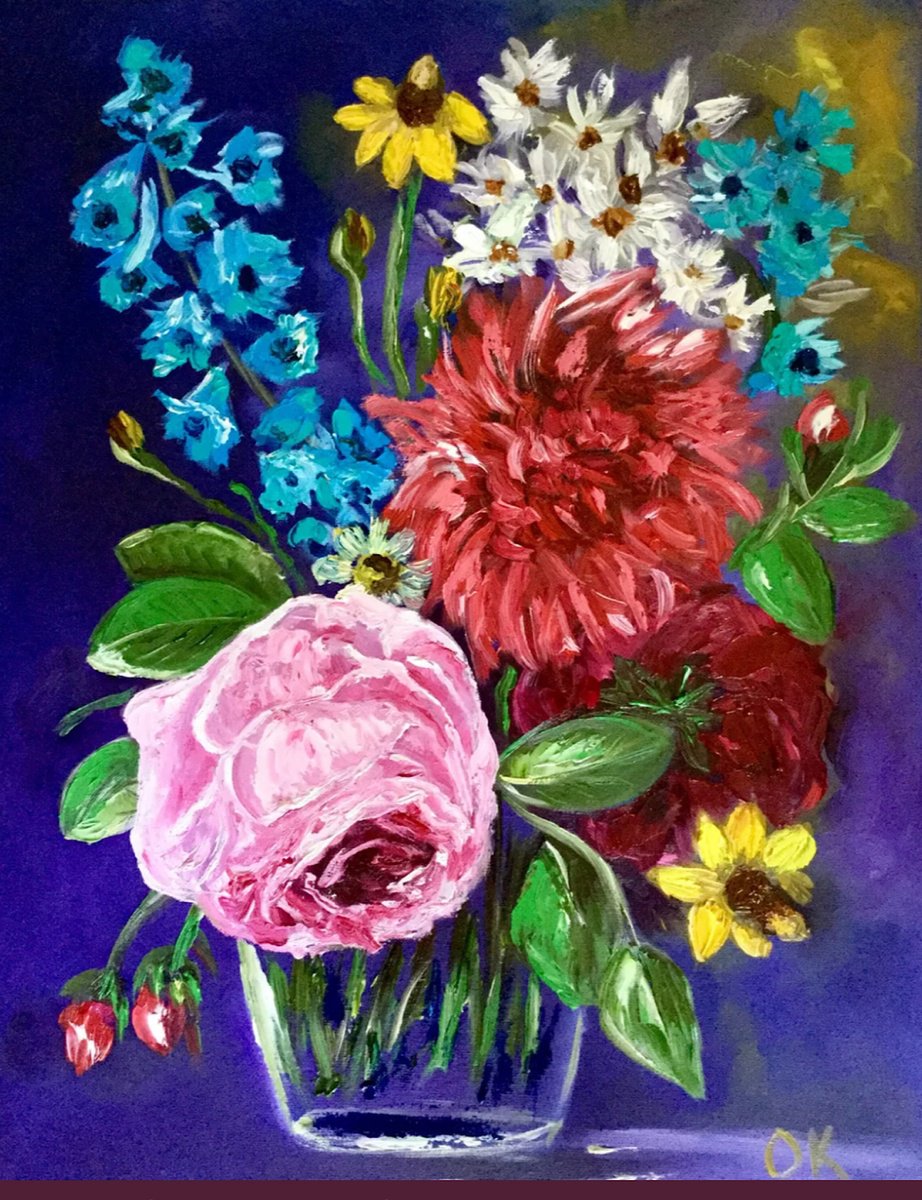 Impressionistic Botanical Oil Painting By Olga Koval, 14 X 18", Summer Flowers, Original Artwork