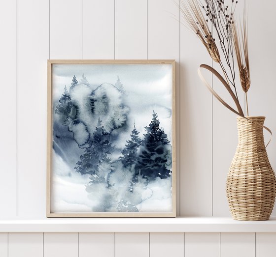 Pine trees forest in blue triptych Original watercolor painting