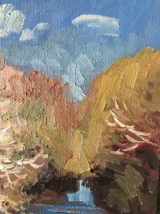Original Oil Painting Wall Art Signed unframed Hand Made Jixiang Dong Canvas 25cm × 20cm Landscape Mesopotamia Riverside Oxford In Autumn Small Impressionism Impasto