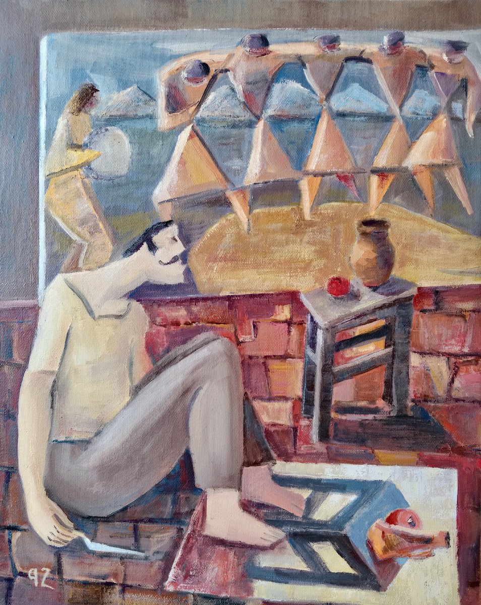 Expressive Portrait Oil Painting By Gegham Hunanyan, 16 X 20, Between Stillness And Rhythm, Original Artwork