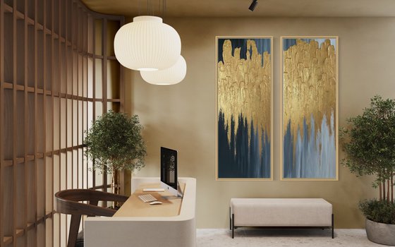 Black and White Diptych with textured gold detail Mixed Media Painting Contemporary Wall Art Pink and Gold Art Textured Abstract Painting Modern Decor
