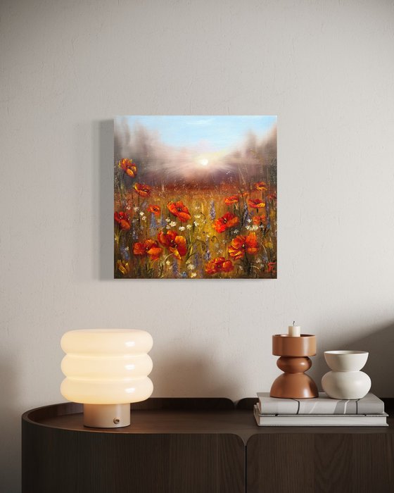 Sunset with red poppies