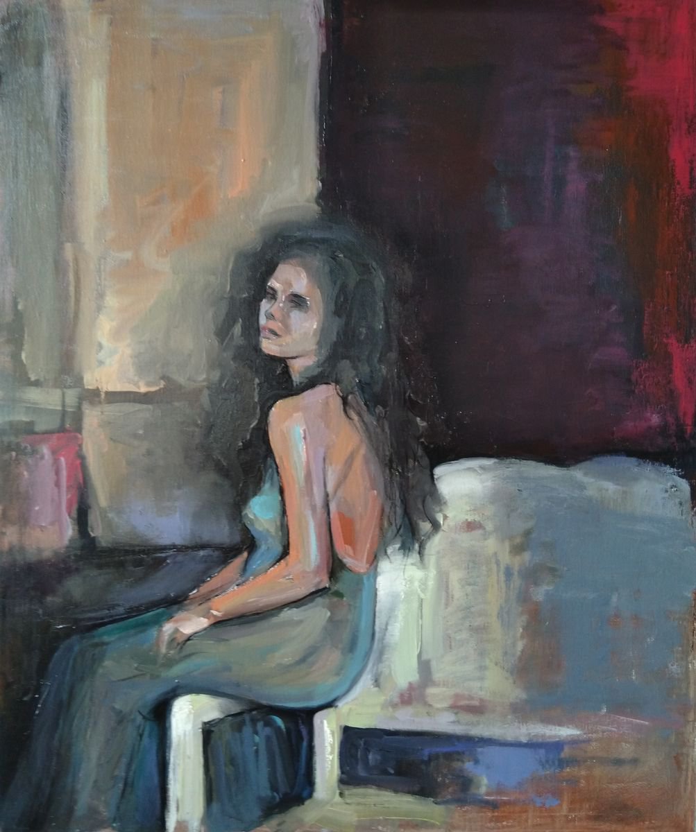 Impressionistic Portrait Oil Painting By Kamsar Ohanyan, 20 X 24", The Waiting Hour, Original Artwork