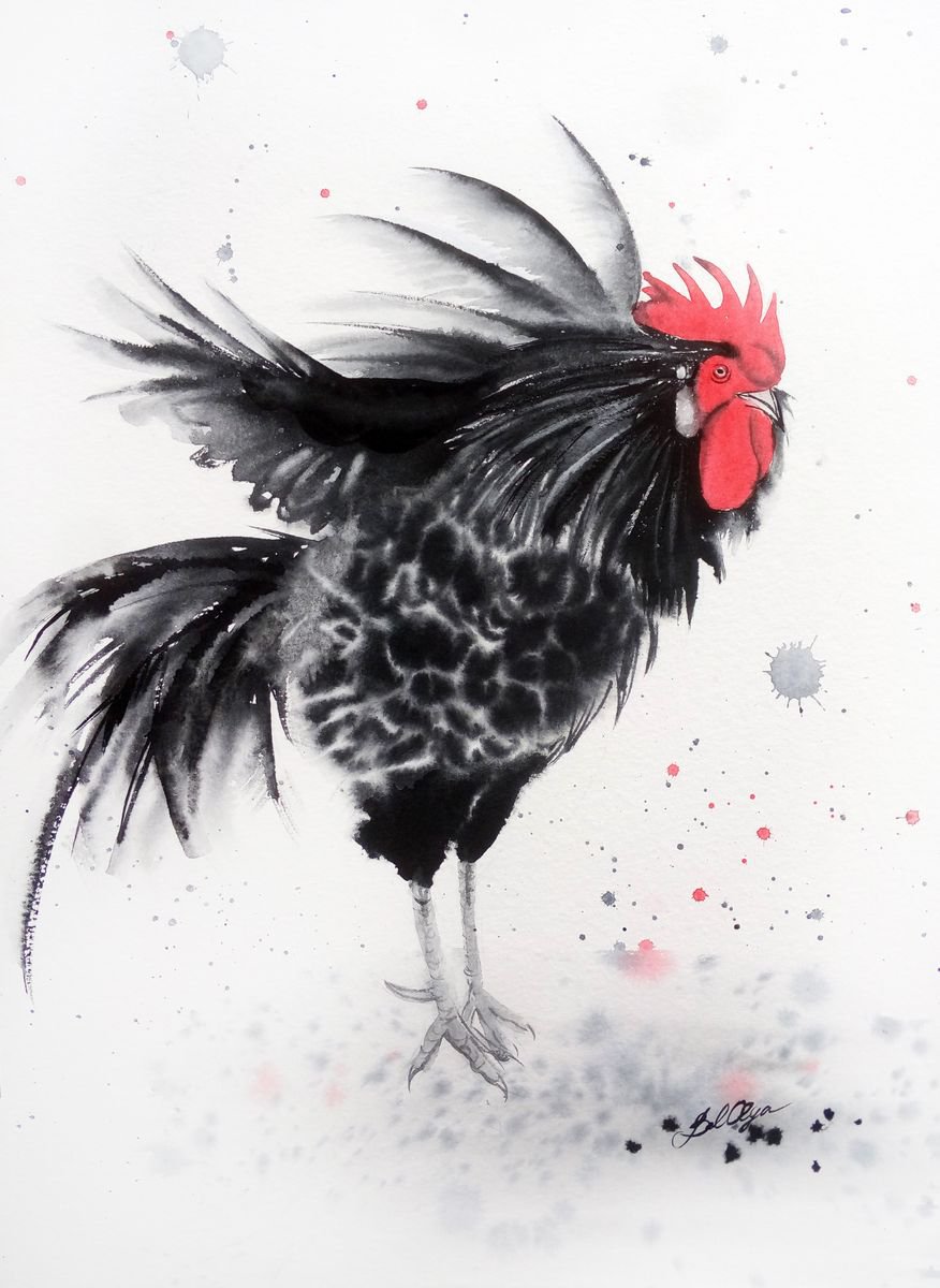 Black Ruffled Rooster - country decor - farm art - bird art - rooster painting - farm deco... by Olga Beliaeva Watercolour