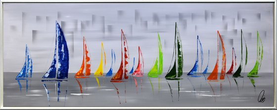 Around the World  acrylic abstract painting sailboat painting framed canvas wall art