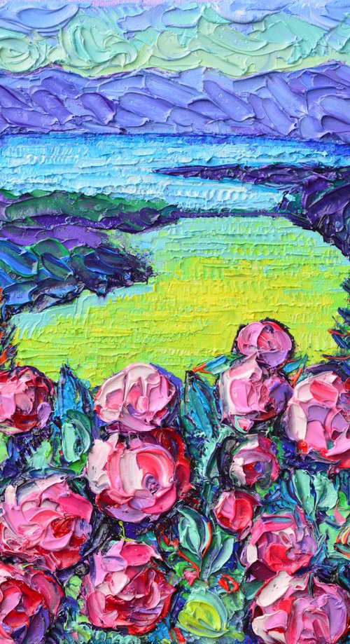 SETE CIDADES HYDRANGEAS SAO MIGUEL ISLAND AZORES  modern impressionism textural impasto palette knife oil painting abstract stylized landscape by Ana Maria Edulescu by ANA MARIA EDULESCU