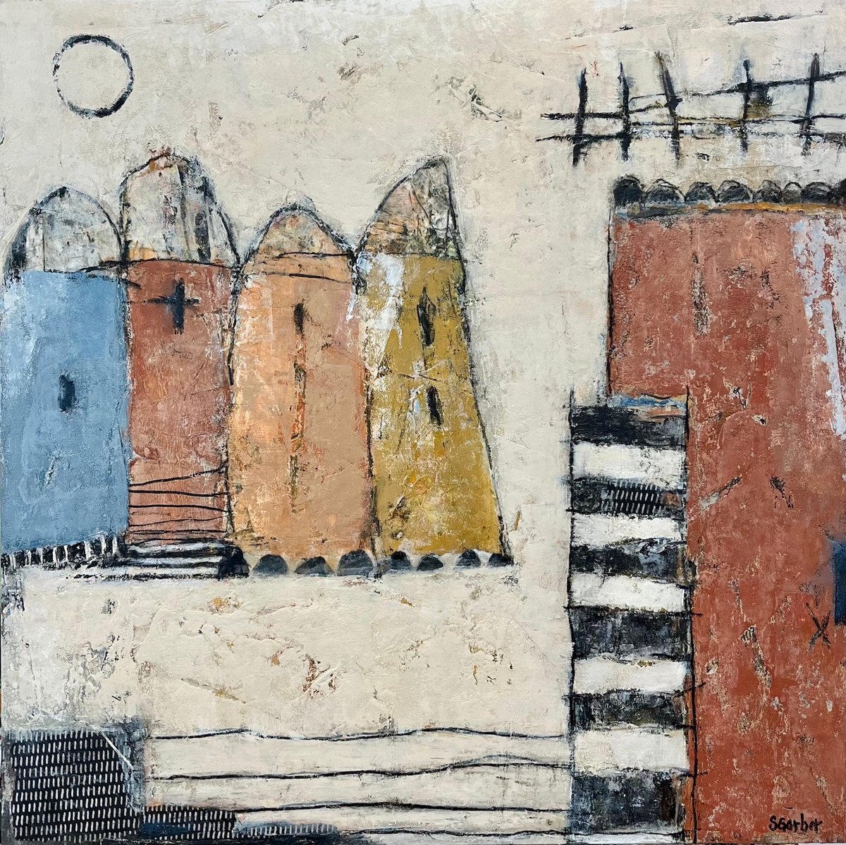 Abstract Cityscapes Painting By Shellie Garber, 24 X 24", Pied Piper, Original Artwork