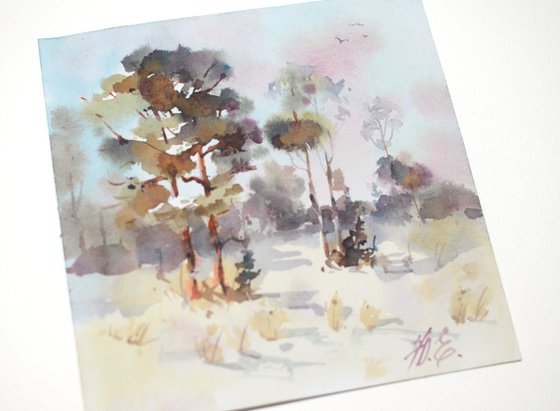 Snowy landscape / Winter forest in watercolor