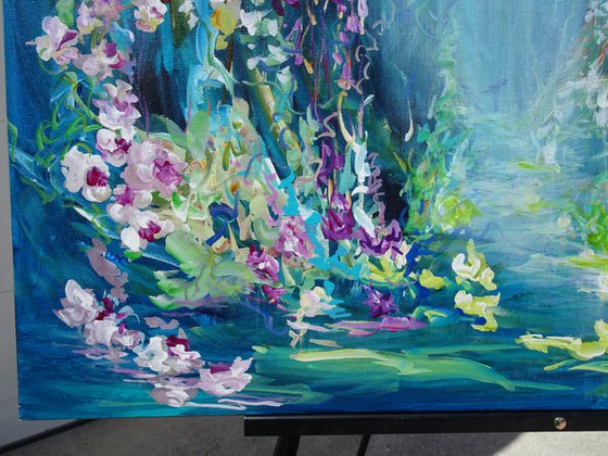 Abstract Landscape Large Flowers Painting. Tropical Floral Blue Teal Green Painting on Canvas. Modern Impressionism Art Pink Orchid White Purple Flowers Floral Garden Botanical Impressionism.