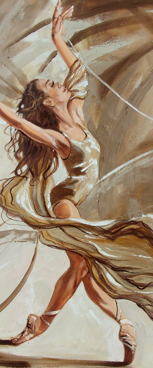 " GOLDEN FREEDOM ... "- ballerina liGHt ballet ORIGINAL OIL PAINTING, GIFT, PALETTE KNIFE by Monika Luniak