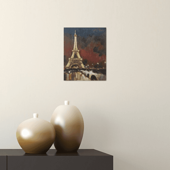 Original Oil Painting Wall Art Signed unframed Hand Made Jixiang Dong Canvas 25cm × 20cm Cityscape Goodnight Paris Small Impressionism Impasto