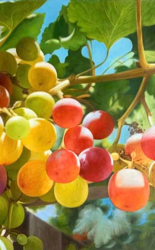 Photorealism oil painting:grape with leaves by Kunlong Wang