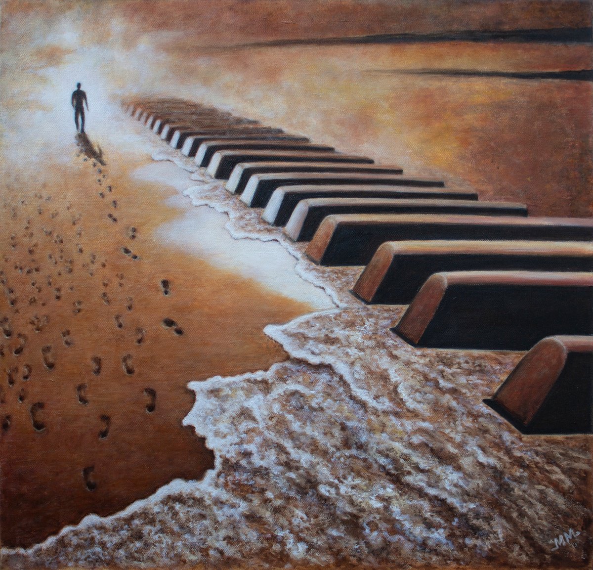 Surrealistic Landscape Oil Painting By Mila Moroko, 24 X 24", Musician, Original Artwork