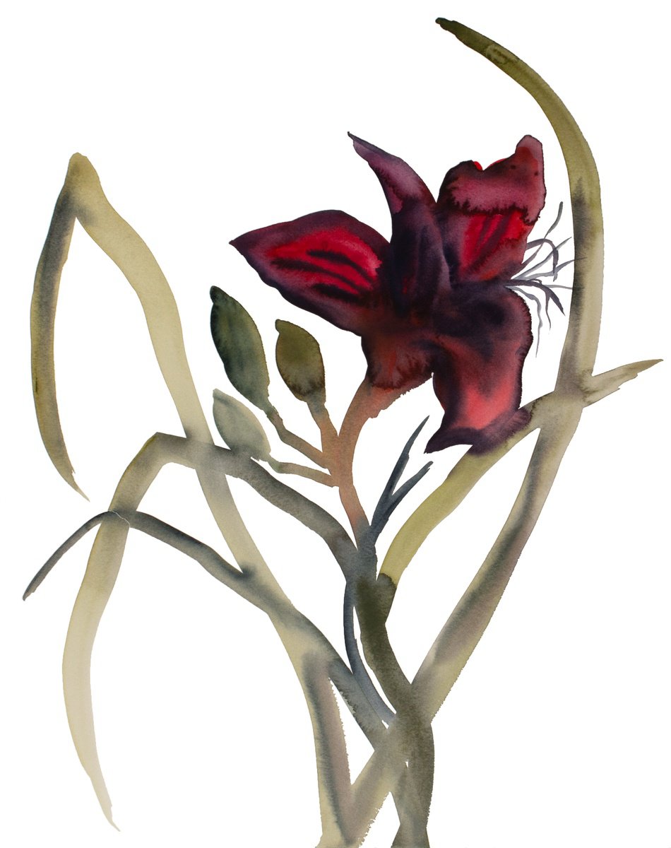 Expressive Botanical Watercolour By Elizabeth Becker, 16 X 20, Lily, Original Artwork
