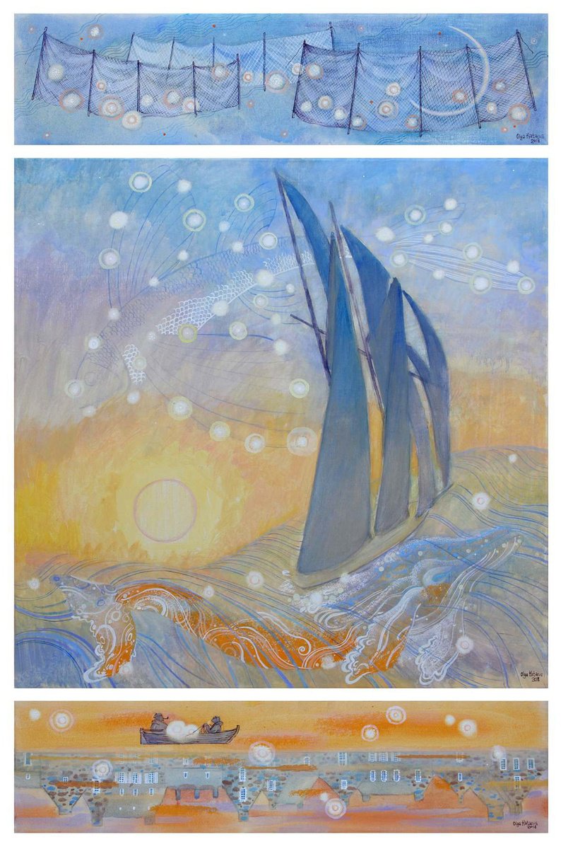 Surrealistic Landscape Acrylic Painting By Olga Kataeva-Rochford, 31 X 47", Stars Catchers, Original Artwork