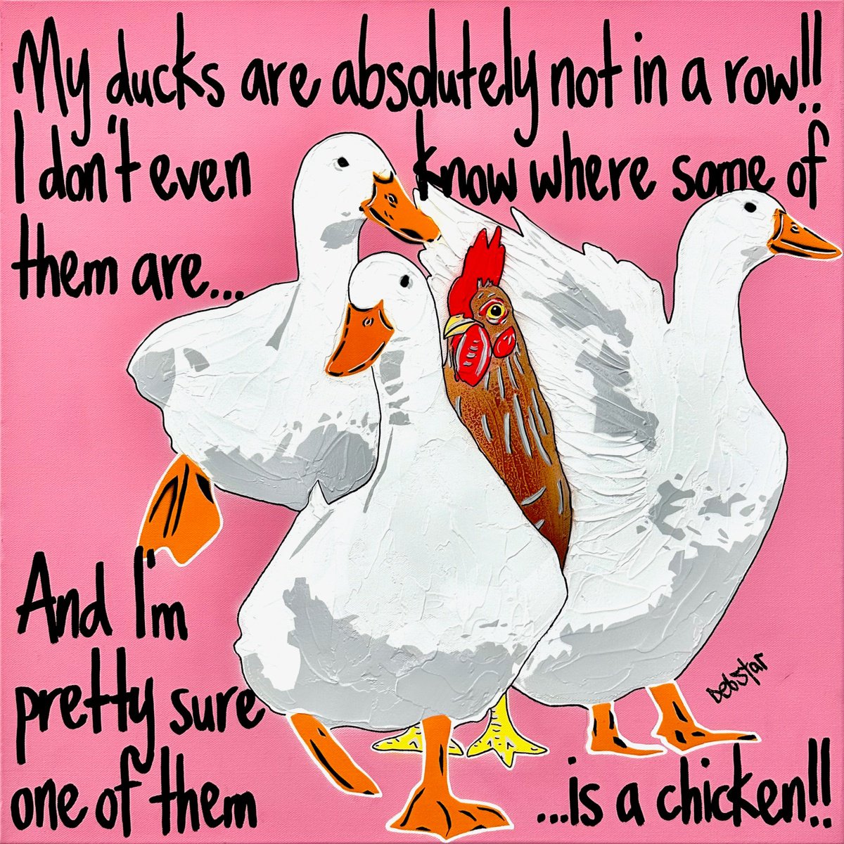Urban And Pop Acrylic Painting , Ducks In A Row Pink Chicken 61Cm X 61Cm By Deborah Lang, 24 X 24, Artwork For Sale On Artfinder