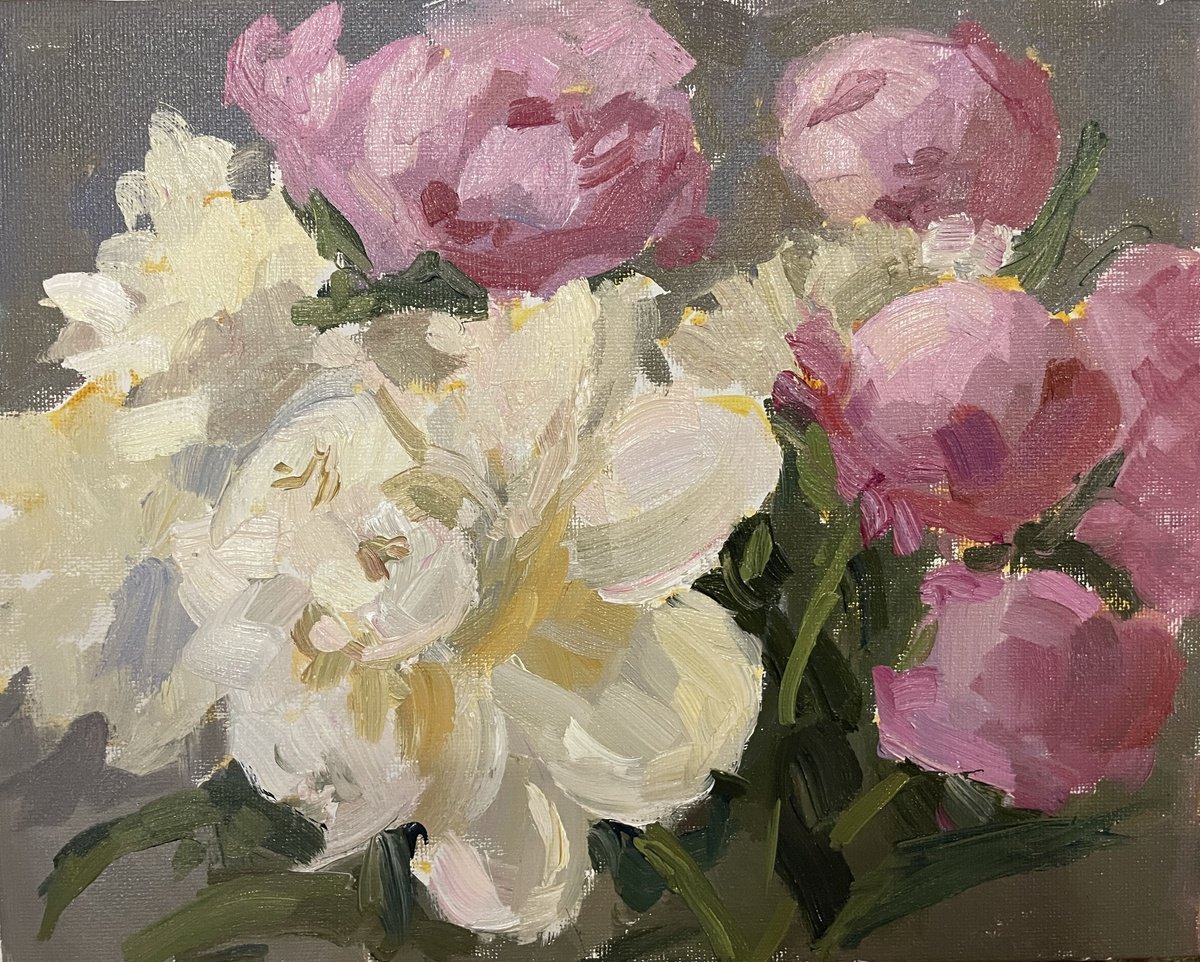 Impressionistic Botanical Oil Painting By Kate Sosonna, 10 X 8", Pink Peonies, Original Artwork