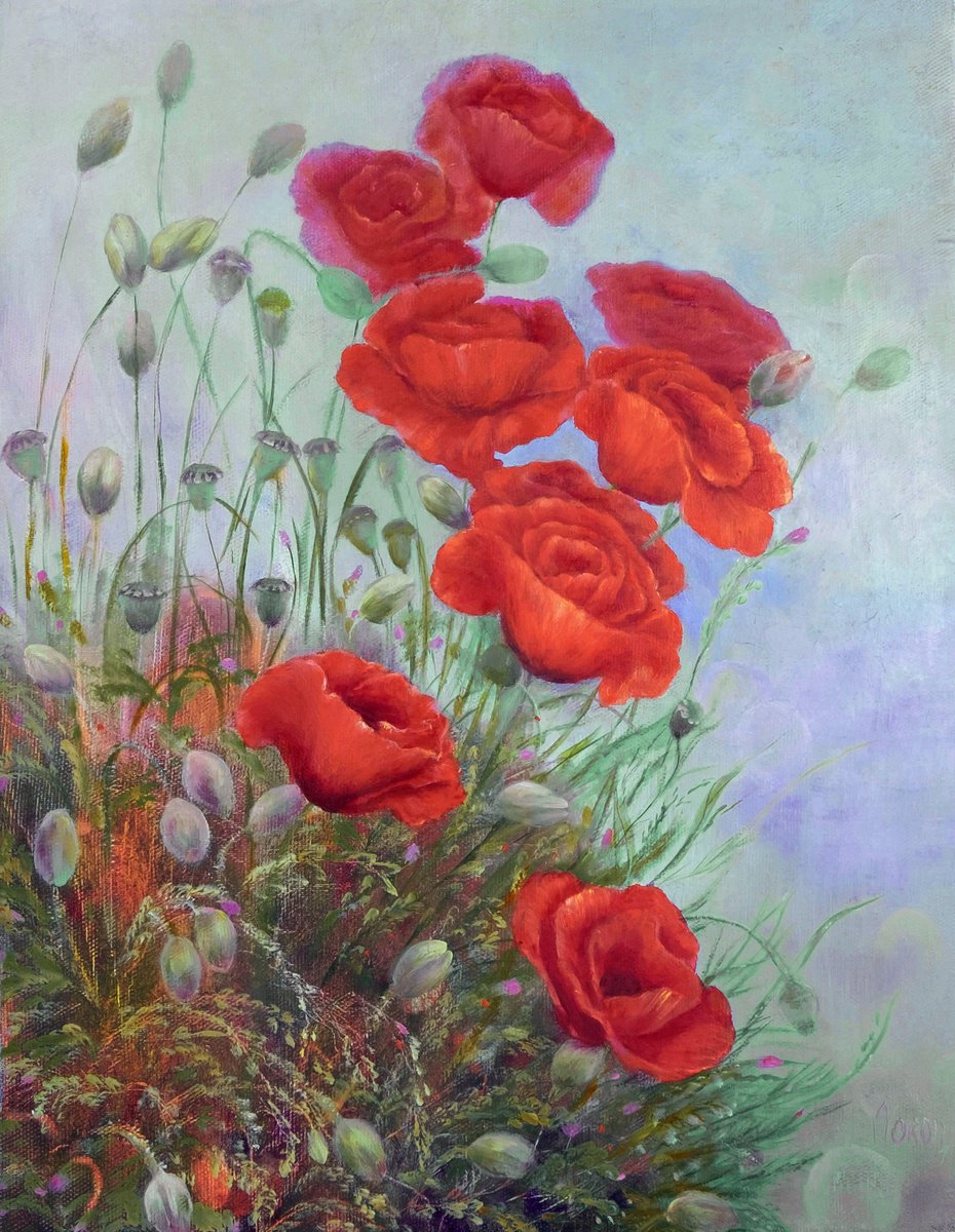 Impressionistic Botanical Oil Painting By Anastasia Woron, 11 X 13, Poppies In The Wind, Original Artwork