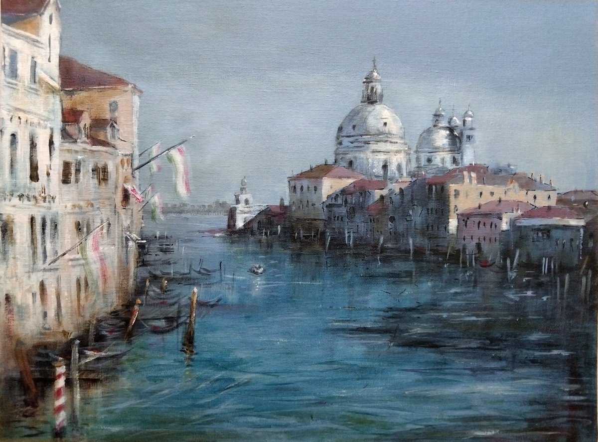 Impressionistic Cityscapes Acrylic Painting By Nenad Kojic, 16 X 12", St. Maria And Sea View Venice, Original Artwork