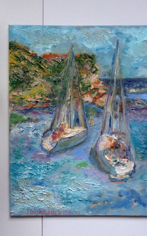 Abstract Coastal Oil on Canvas Painting | Vibrant Small Painting | Peaceful Aesthetic | Ships in Summer | Beach Home Decor | Seascape Oil Artwork | Summer Vibes | Classical Fine Art by Katia Ricci