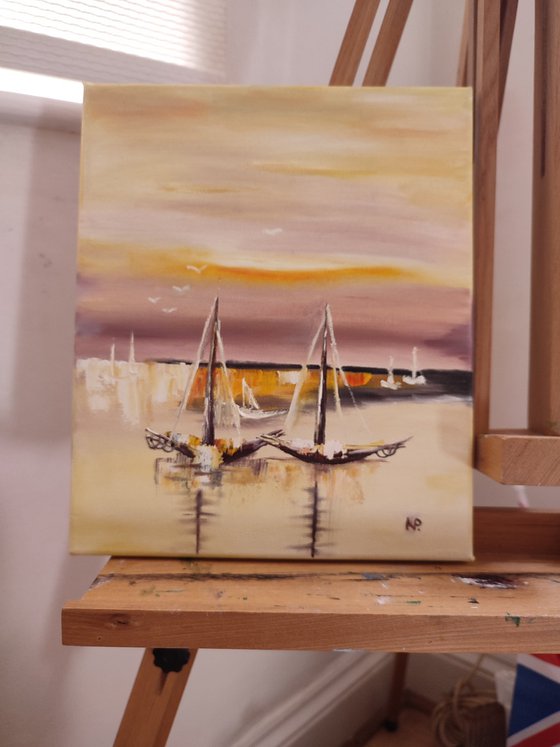 Boats at the sunset, original impressionistic oil painting, gift idea