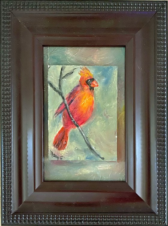 Red Cardinal Original Oil Painting on gessoed Masonite