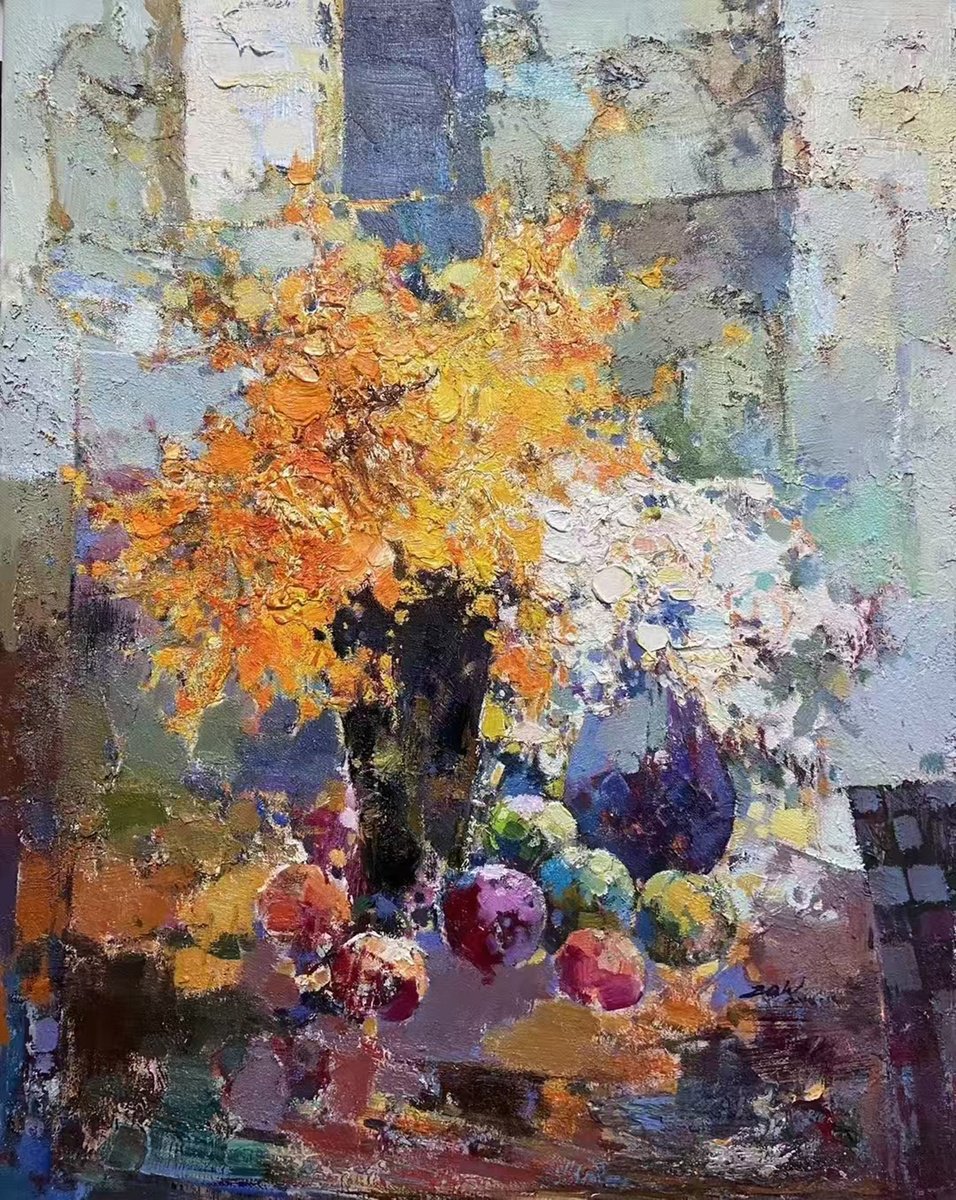 Impressionistic Botanical Oil Painting By Kunlong Wang, 31 X 39", Flowers In Vase T247, Original Artwork