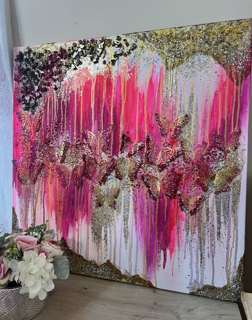 Pink butterflies with red glitter glass abstract  gold painting by Henrieta Angel
