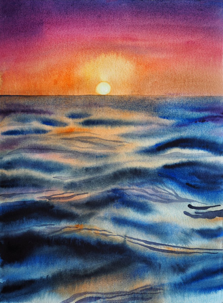 Impressionistic Landscape Watercolour By Delnara El, 11 X 15, Sunset Time, Original Artwork