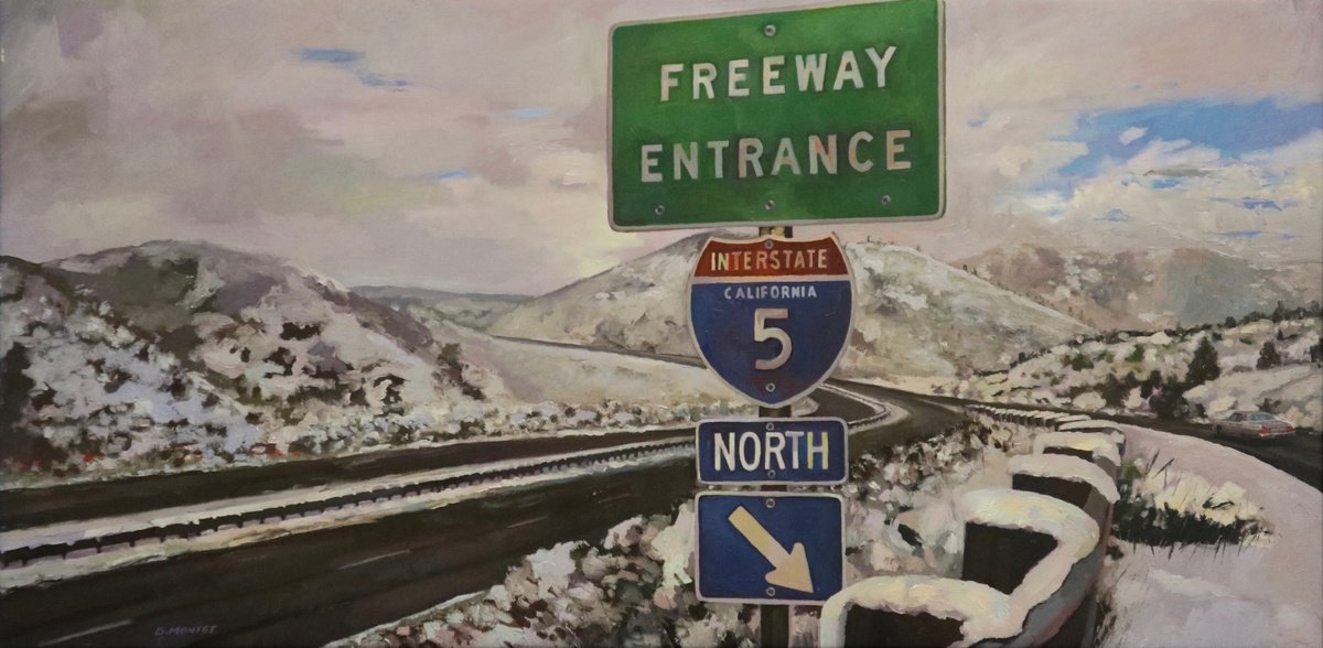 Photorealistic Landscape Oil Painting By Benoit Montet, 42 X 22, Freeway Entrance , Original Artwork