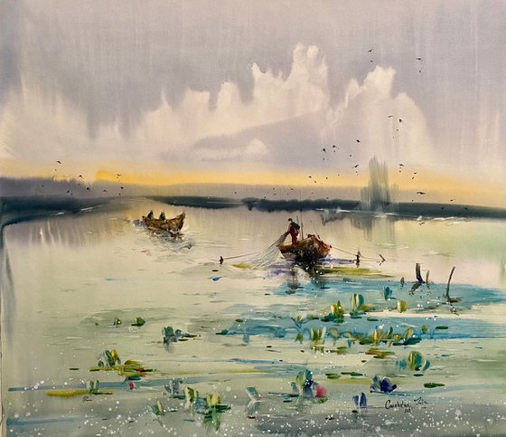 Watercolor “Fishing early morning” gift for him