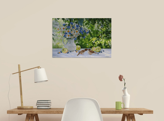 Daisies and Cornflowers with Sparrows