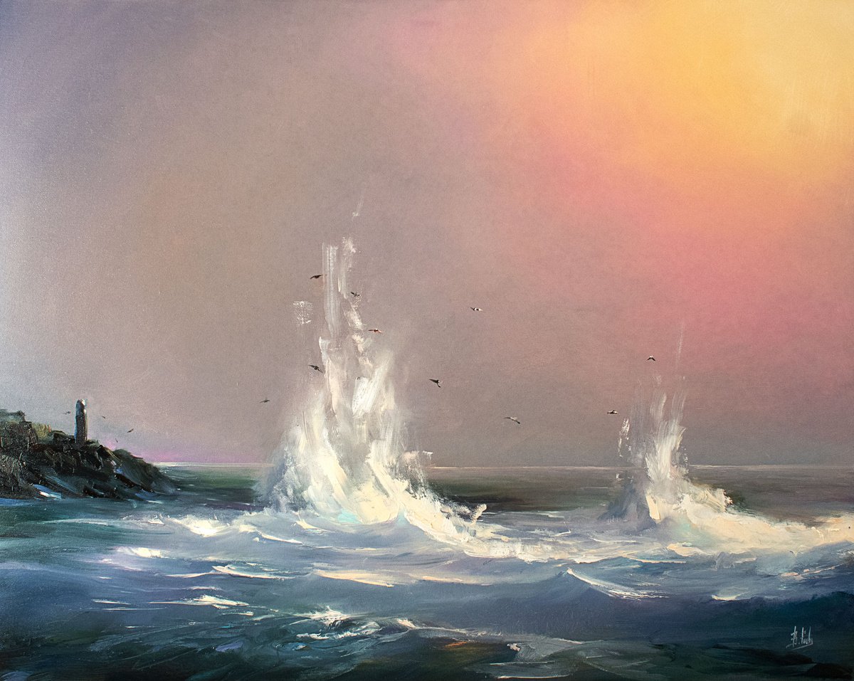 Ocean oil painting original. Lighthouse art. by Bozhena Fuchs
