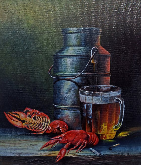 Still life- beer and crayfish (24x20cm, oil painting, ready to hang)