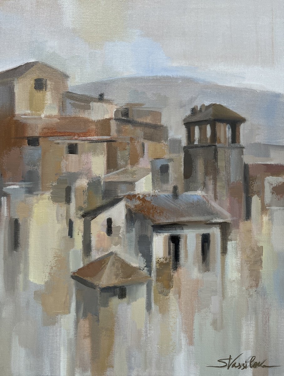 Expressive Cityscapes Acrylic Painting By Silvia Vassileva, 18 X 24", Town In Umbria Ii, Original Artwork