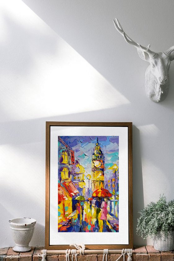 Walk near Big Ben - cityscape, umbrella, oil painting, city, gift idea, gift, oil painting, Big Ben, London, United Kingdom