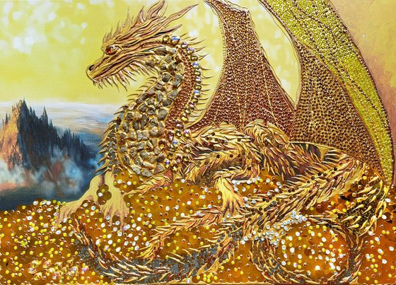 Golden dragon - original painting on canvas with crystal shimmering rhinestones and golden coins. Fantasy art.