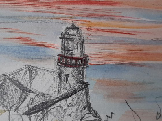 Sunrise over Wicklow Lighthouse - a pencil and watercolour