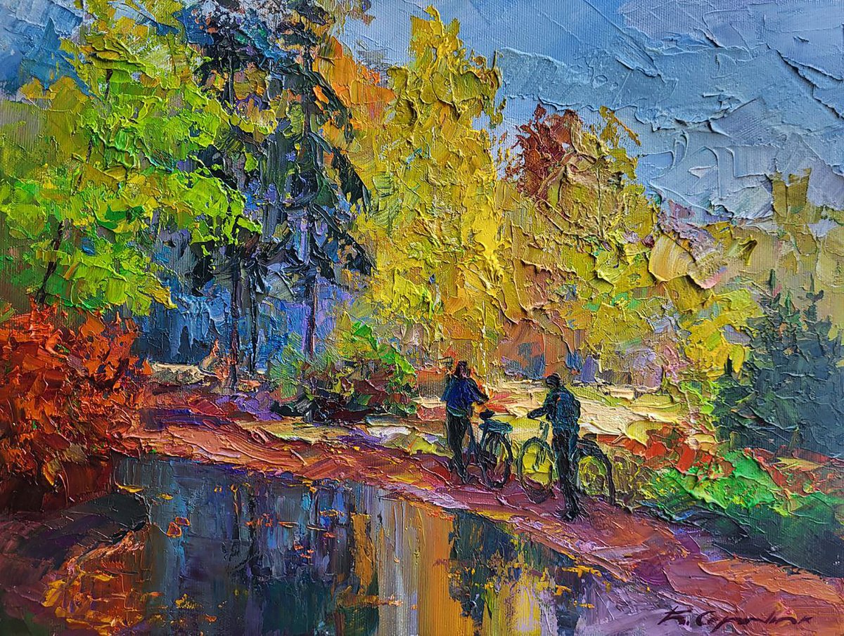 Impressionistic Landscape Oil Painting By Boris Serdyuk, 16 X 12, Mushroom Pickers, Original Artwork