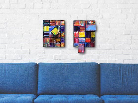 "We Just Fit" - FREE USA SHIPPING - Original Diptych PMS Mixed Media Sculptural Paintings On Wood, Framed - 16 x 11.5 inches