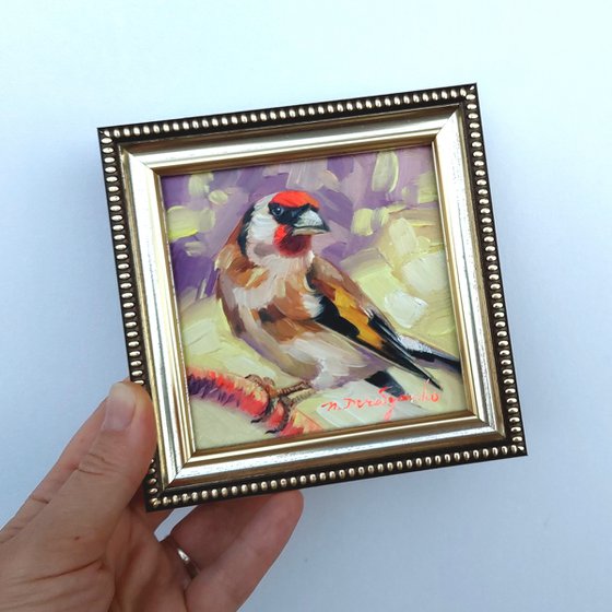 Goldfinch bird oil painting in silver frame, Small birdie art framed gift