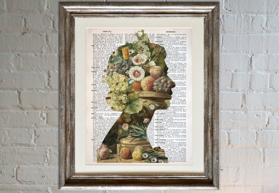 Queen Elizabeth II - Flowers and Fruits - Collage Art on Large Real English Dictionary Vintage Book Page