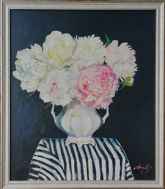 “Peonies against indigo background”