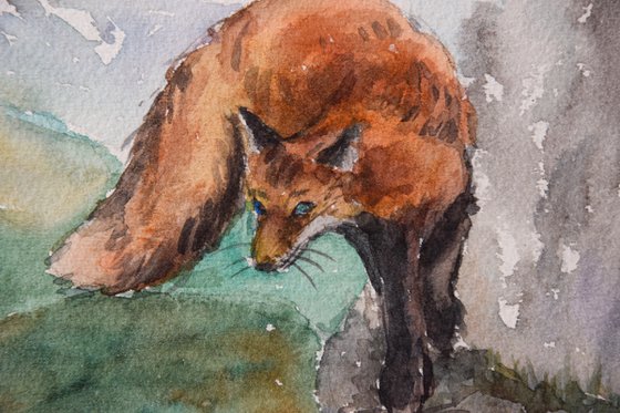 Fox original watercolor painting, fox painting, mountain landscape, animalistic wall art