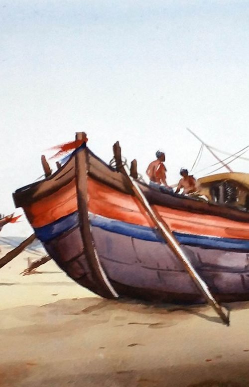 Fishing Boats at Seabeach - Watercolor Painting by Samiran Sarkar