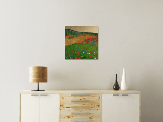 Contemporary Abstract Poppy Field & Gold Leaf Landscape.