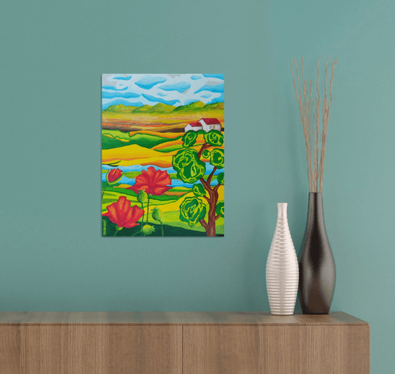 Spring country landscape with poppies